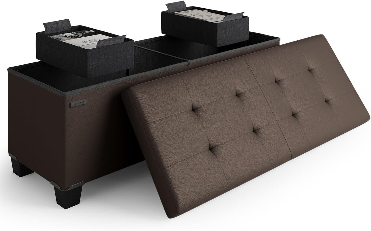 STORAGEBUD Storage Ottoman Bench with Bins, 43-in Storage Bench for Bedroom End of Bed, Folding Foot Rest Ottoman for Living Room Max 660lbs, Faux Leather Ottomans, Brown