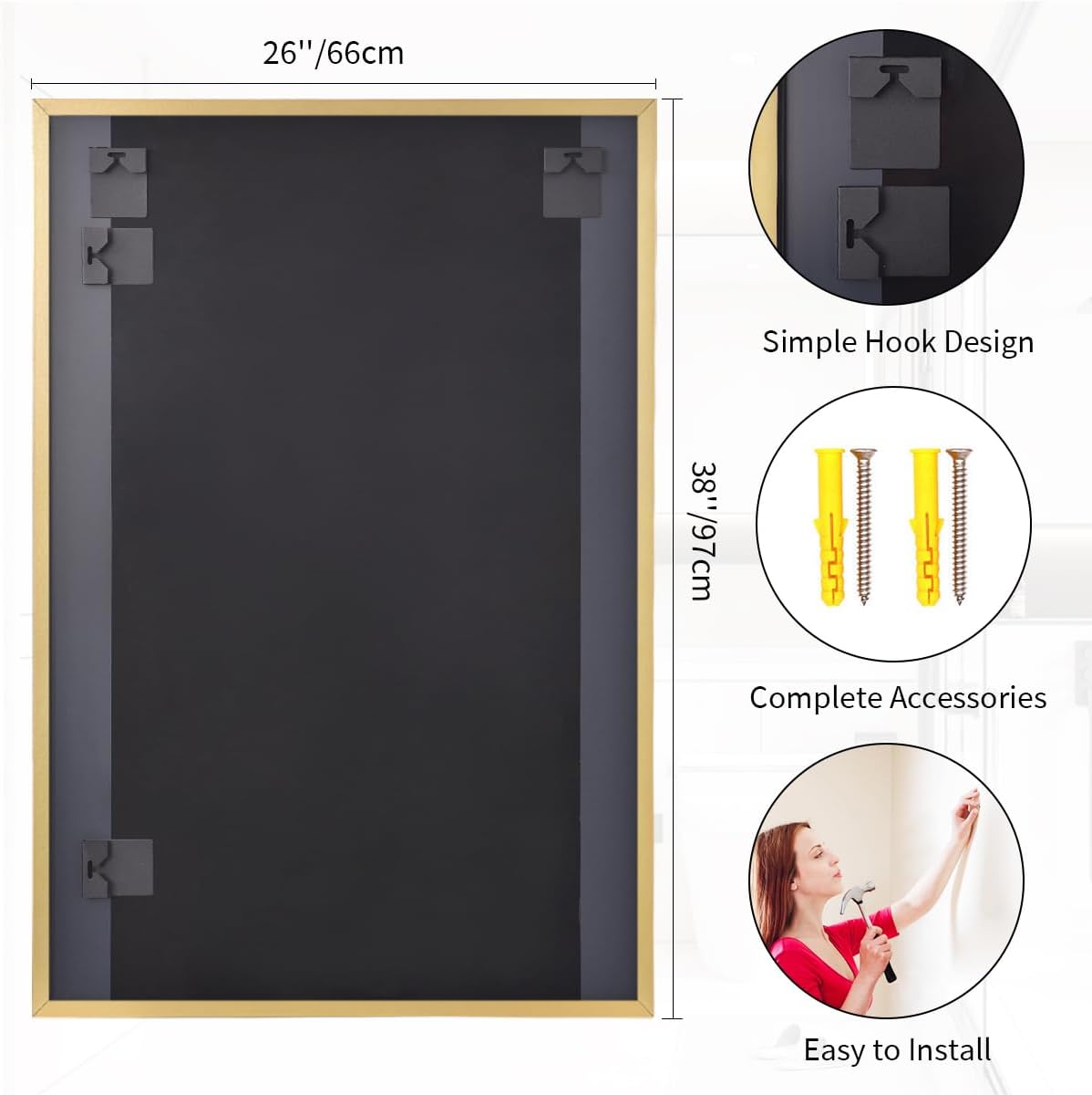 Koonmi Gold Mirrors for Wall, 26x38 Inch Bathroom Mirror, Rectangular Wall Mirror for Living Room Bedroom Bathroom, Hangs Horizontally or Vertically