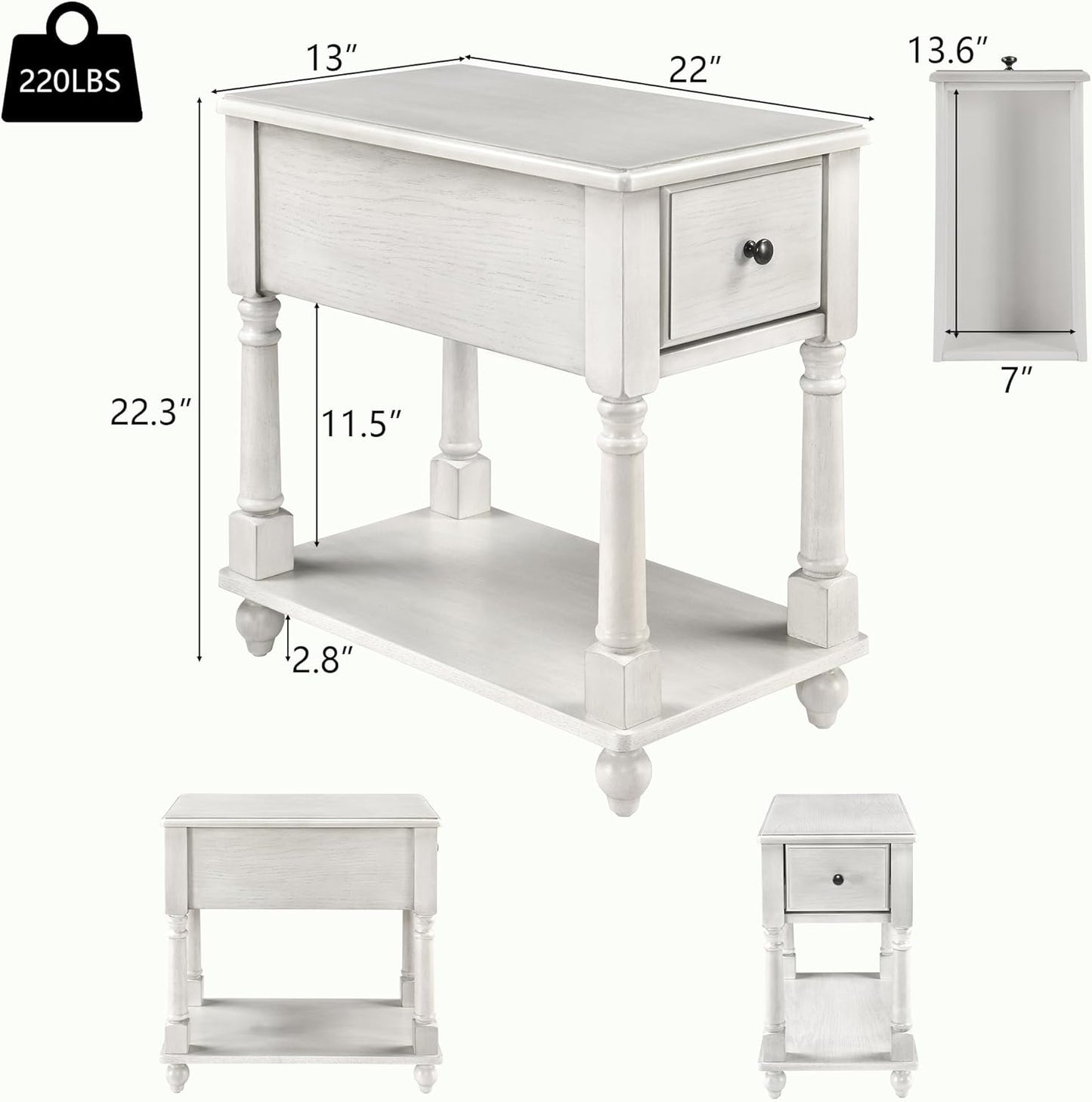LEEMTORIG Set of 2 Solid Wood End Table Narrow Side Table with Drawer, Cherry Wood End Table Living Room, 13" W Slim Small Nightstand, 22" D x 22.3" H, No-Tools Assembly, Gray White BBJ-004-RW