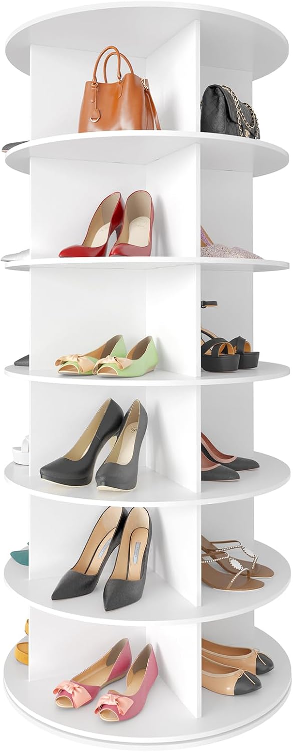 SpaceAid 6 Tier Rotating Shoe Rack Tower, Spinning Shoe Display Lazy Susan, Revolving 360 Shoe Rack Storage Round Carousel, Vertical Handbag Rotate Shoes Closet Organization (6-Tier White)