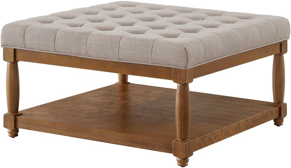 24KF Upholstered Square Coffee Table with Wooden Shelf, Tufted Button Large Square Ottoman with Spindle Wooden Legs, Linen Large Footrest Ottoman Pouf for Living Room, Linen