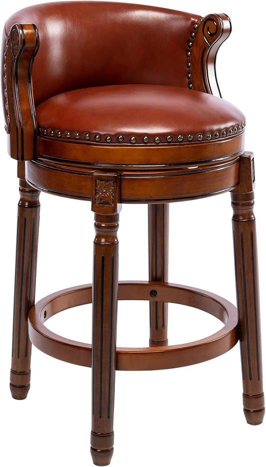 CozyRain Bar Stools Rubber Wood Counter Height Bar Stool Leather Upholstered Swivel Barstools with Back & Footrest for Home,Kitchen,Counter,Dining Room (Brown, Seat Height 26 in)