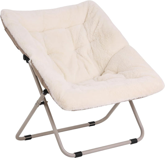 Saucer Chair, Comfy Bedroom Chairs, Oversized Folding Faux Fur Chair, Foldable Metal Frame Chair for Living Room, Balcony, Patio, Study, Playroom (Beige)