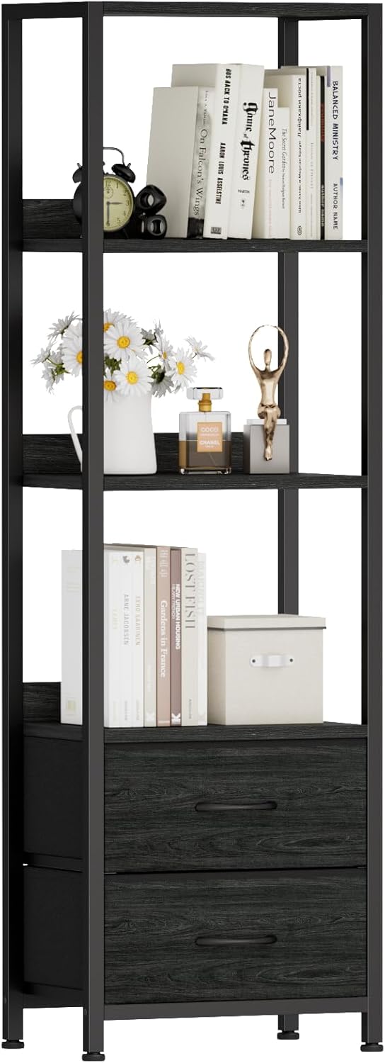 Furnulem 4-Tier Corner Shelf, Bookshelf with 2 Storage Drawers, 57.28”Tall Narrow Bookcase, Standing Shelf Organizer Unit for Living Room, Bedroom, Metal Frame, Wood Display Shelf