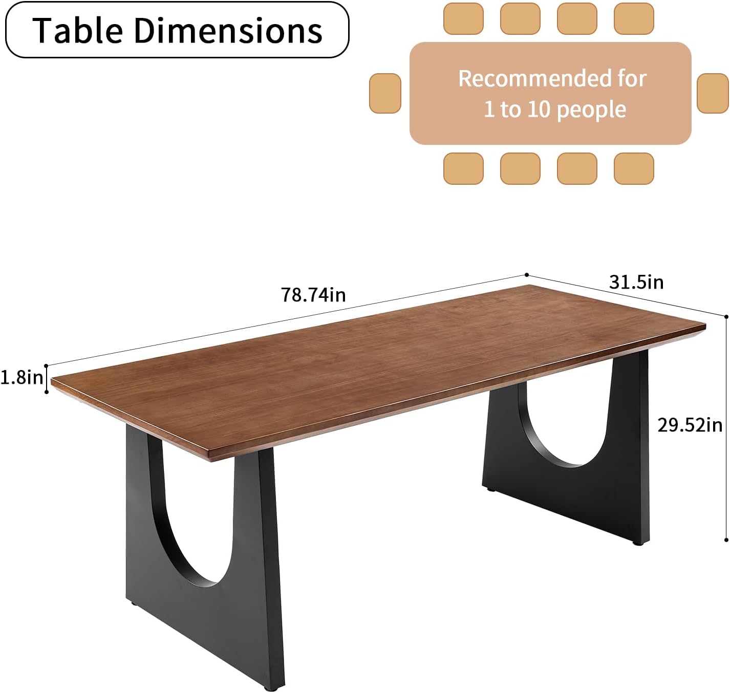 Wooden Executive Office Desk Computer Table Multi-Sized High Cost Performance Stylish Design Metal Legs Versatile Use for Office or Dining Casual Table (Walnut Color, 78.74in)