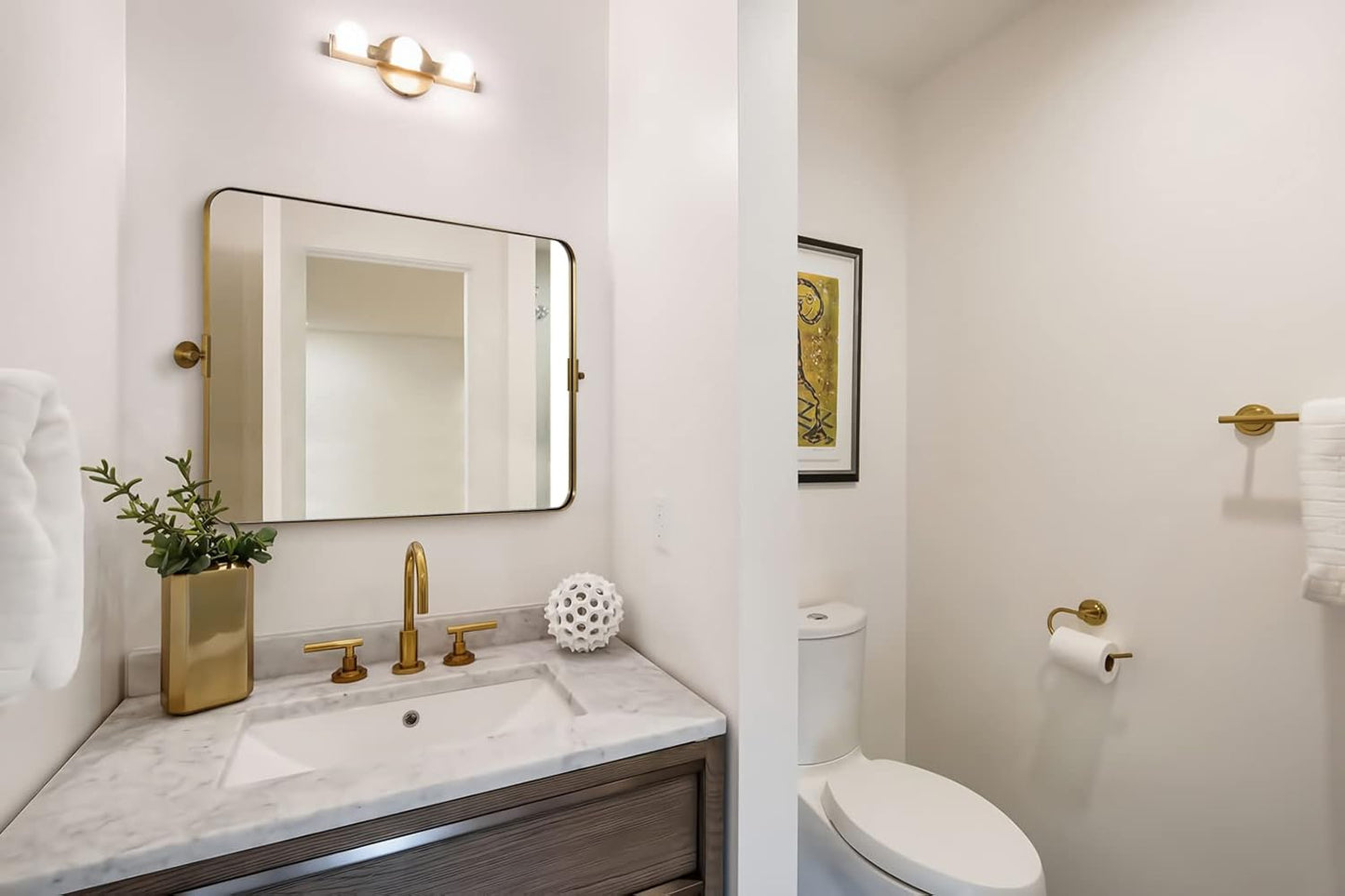 MOON MIRROR 36" x 24" Brushed Gold Rectangle Bathroom Mirror, Tilting Rounded Rectangular Metal Framed Pivot Wall Mirror, Hangs Horizontally Only(Overall 39.75" x 22")