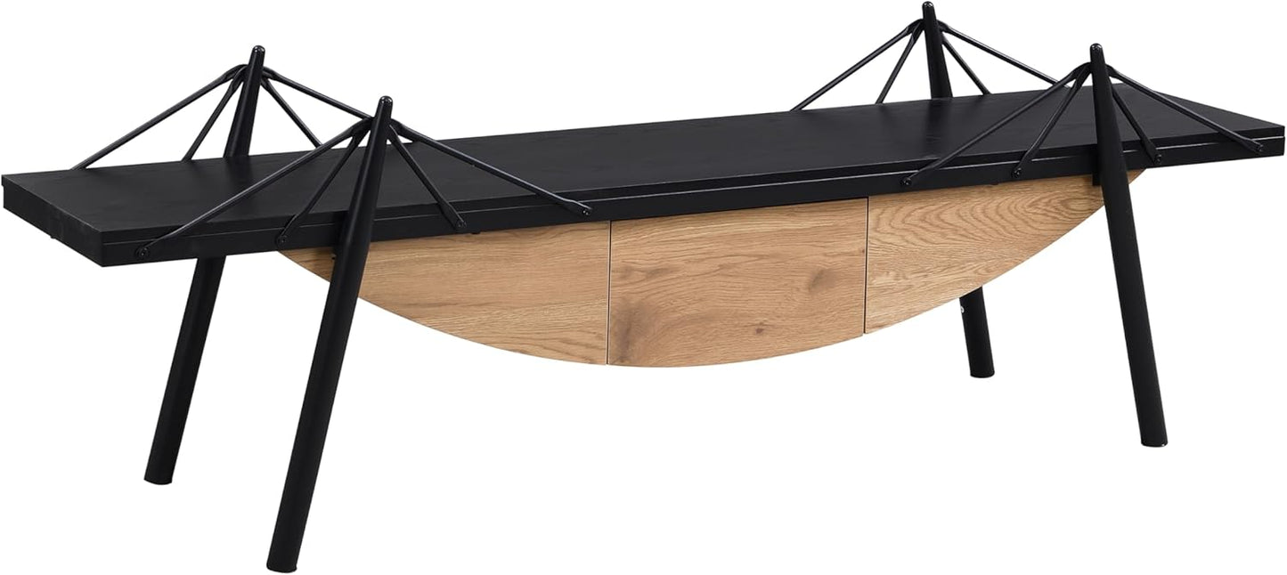 1 Tier Modern Boat-Shaped Bookshelf with Drawer, Black & Natural, 70.9" Long Horizontal Low Shelf for Storage Display Decoration, Sturdy MDF & Metal Industrial Frame, for Bedroom, Office