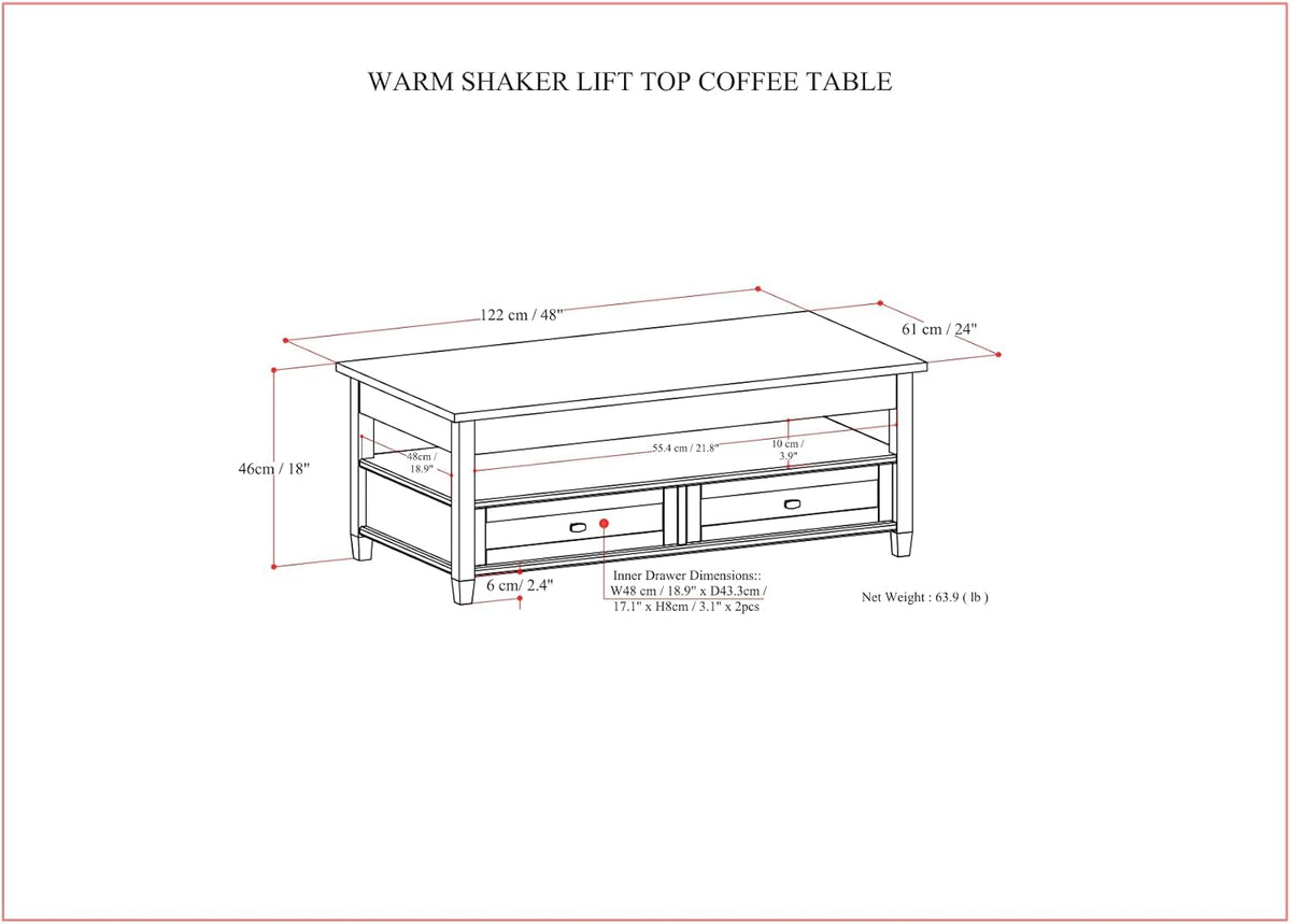SIMPLIHOME Warm Shaker Lift Top Coffee Table - 48 inch Wide Solid Wood Cocktail Table in Light Golden Brown, Transitional Living Room Table with Hidden Storage, 2 Drawers, and Open Shelf