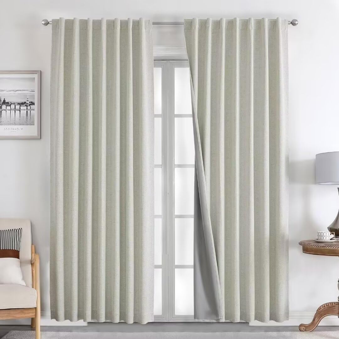 Joydeco Natural Linen Curtains 90 inch Length 2 Panels Set Burg 100% Blackout Patio Door Curtain Room Darkening Sliding Door Curtains Thermal Insulated Back tab Rod Pocket(105x90 inch, Light Beige)