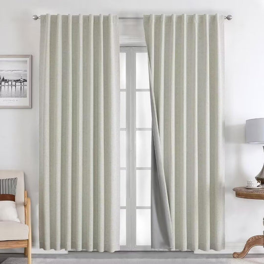 Joydeco Natural Linen Curtains 120 inch Length 2 Panels Set Burg 100% Blackout Patio Door Curtain Room Darkening Sliding Door Curtains Thermal Insulated Back tab Rod Pocket(105x120 inch, Light Beige)