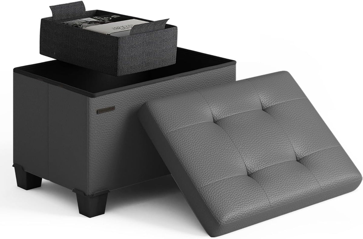 STORAGEBUD Storage Ottoman Cube with Small Bin, 16-in Square Ottoman with Storage for Living Room and Bedroom, Small Ottomans Foot Rest, Faux Leather Foot Stools Ottomans Max 330lbs, Grey