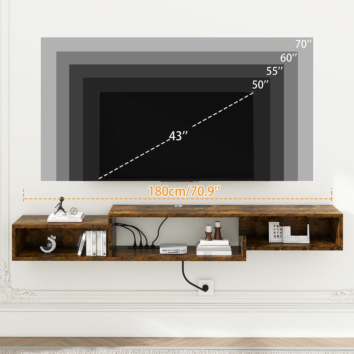 IBUYKE 71" Floating TV Stand Wall Mounted with Power Outlet,Wood Wall Mounted Media Console Shelf,Floating Entertainment Center for Under TV Storage for Living Room Bedroom Office,Rustic Brown WST008H