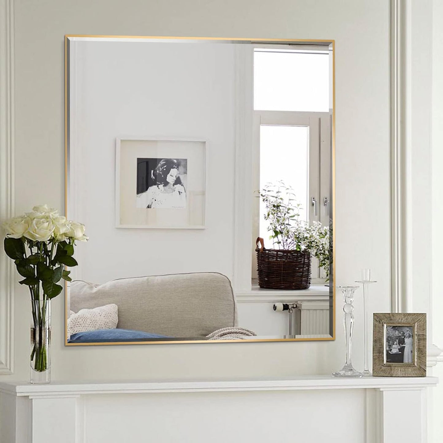30x40 Inch Gold Mirror with Beveled Trim, Aluminum Frame Bathroom Vanity Mirror, Copper-Free Mirror, Rectangle Wall Mounted Mirror, Modern Rectangular Mirror Horizontal or Vertical