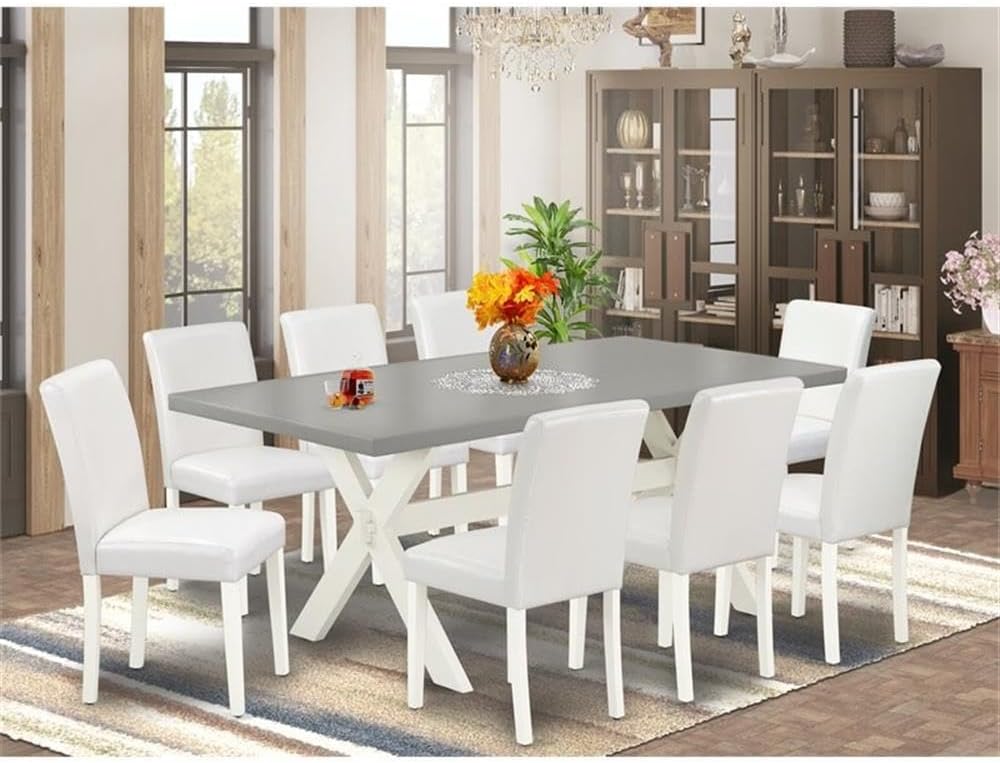 East West Furniture X097AB264-9 9 Piece Dining Table Set Includes a Rectangle Kitchen Table with X-Legs and 8 White Faux Leather Parson Dining Room Chairs, 40x72 Inch, Multi-Color