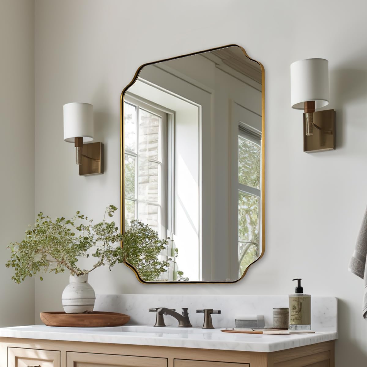 ANDY STAR Brushed Gold Mirror, 22"x30" Bathroom Vanity Mirror, Rounded Rectangle Bathroom Mirror with Rust-Proof Stainless Steel 1" Frame, Wall Mounts Horizontally or Vertically
