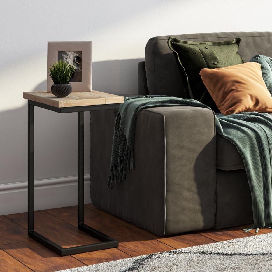 SIMPLIHOME Skyler 18-inch Wide Solid Mango/Metal Industrial C-Shaped End Table in White Wash/Black for Living Room, Office, or Bedroom, Assembled
