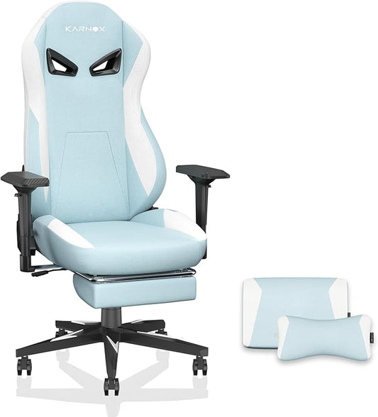 KORNOX Ergonomic Gaming Chair Fabric with Footrest for Adults,Office Chair High Back,Game Chair Racing Cloth Height Adjustable,Game Chair with Headrest and Lumbar Support for Girls,White and Blue