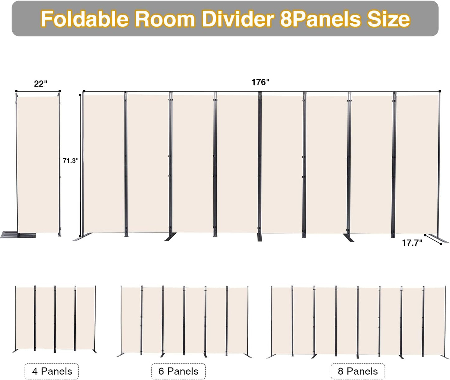 Room Divider, 8 Panel Folding Privacy Screens with Wider Support Feet, 6 Ft Portable Room Partition for Room Separator, 176" W X 71" H, Beige