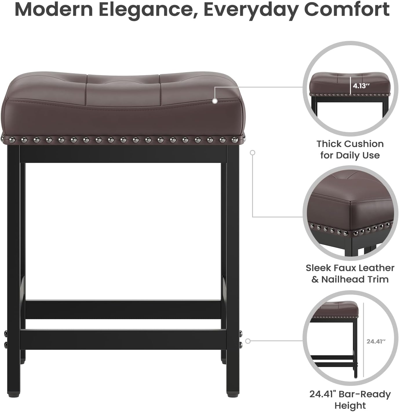 MALOL Set of 3 Saddle Bar Stools Counter Height 24.4”, Brown Backless Barstools for Kitchen Island, Modern PU Leather Cushioned Seat, Bar Chairs for Kitchen Counter, Breakfast Bar Stools for Home