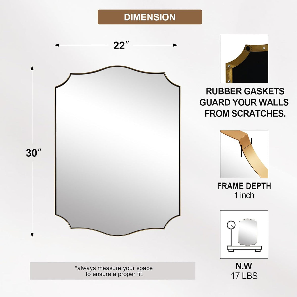 ANDY STAR Gold Vanity Mirror, 22x30 Inch Brushed Gold Mirror for Bathroom, Unique Rectangle Mirror in Rust-Proof Stainless Steel 1" Frame, Ideal for Bathroom, Powder Room, Mantel