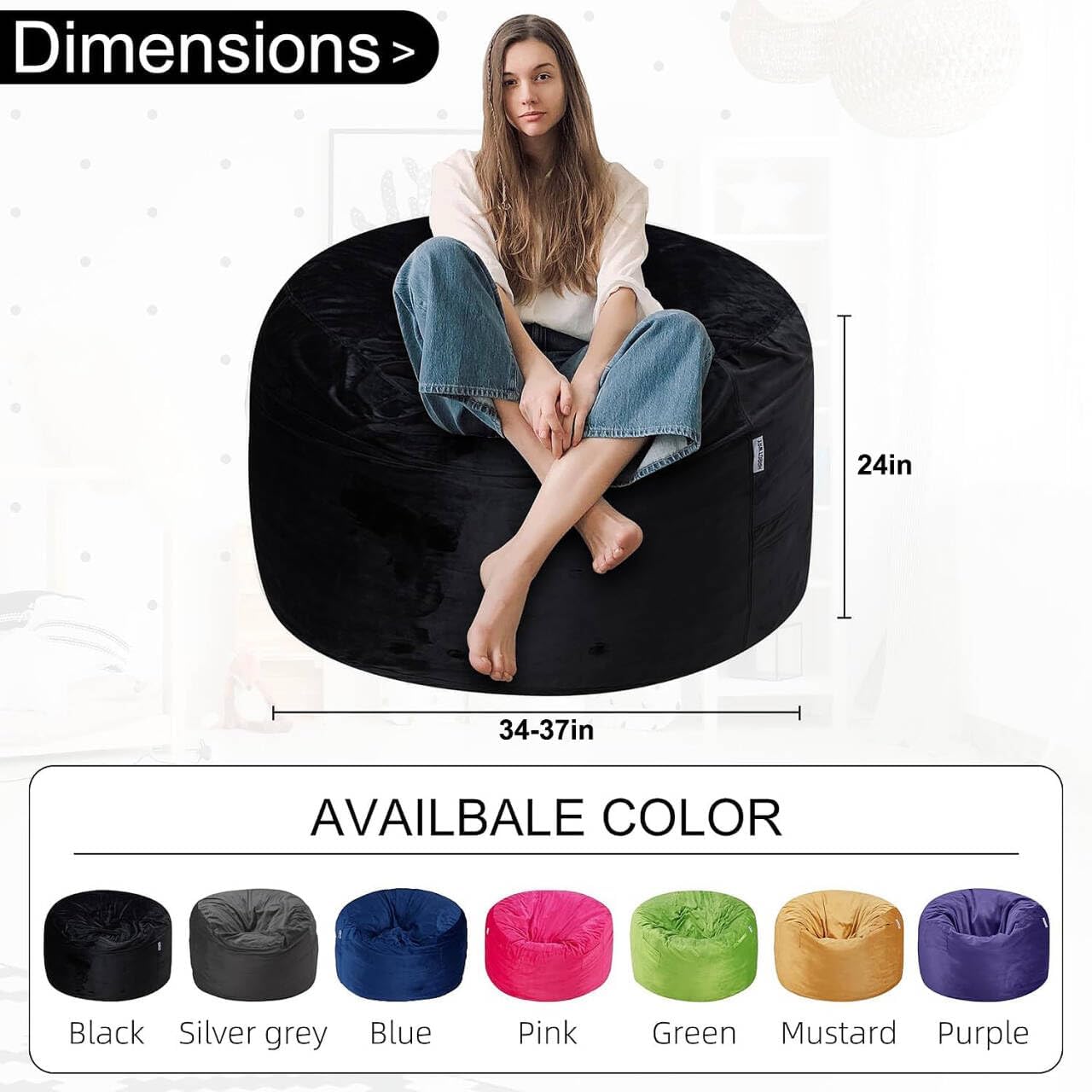 HABUTWAY Bean Bag Chair 3Ft Luxurious Velvet Ultra Soft Fur with High Rebound Memory Foam Bean Bag Chairs for Adults Plush Lazy Sofa with Fluffy Removable Sponge 3' (Black New)