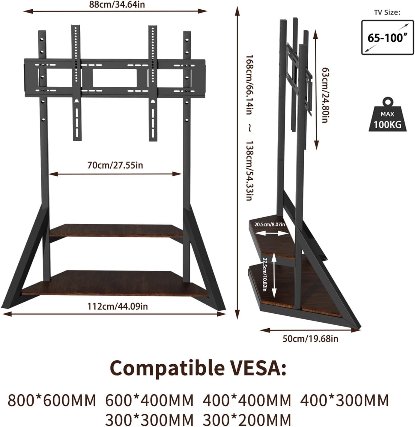 unho Mobile TV Floor Stand with Wheels Shelves for 65 to 100 inch Large LCD/LED Flat Curved Screen up to 220lbs, Adjustable Heights TV Mount Stands VESA 800x600mm, Rolling TV Stand for Bedroom Office
