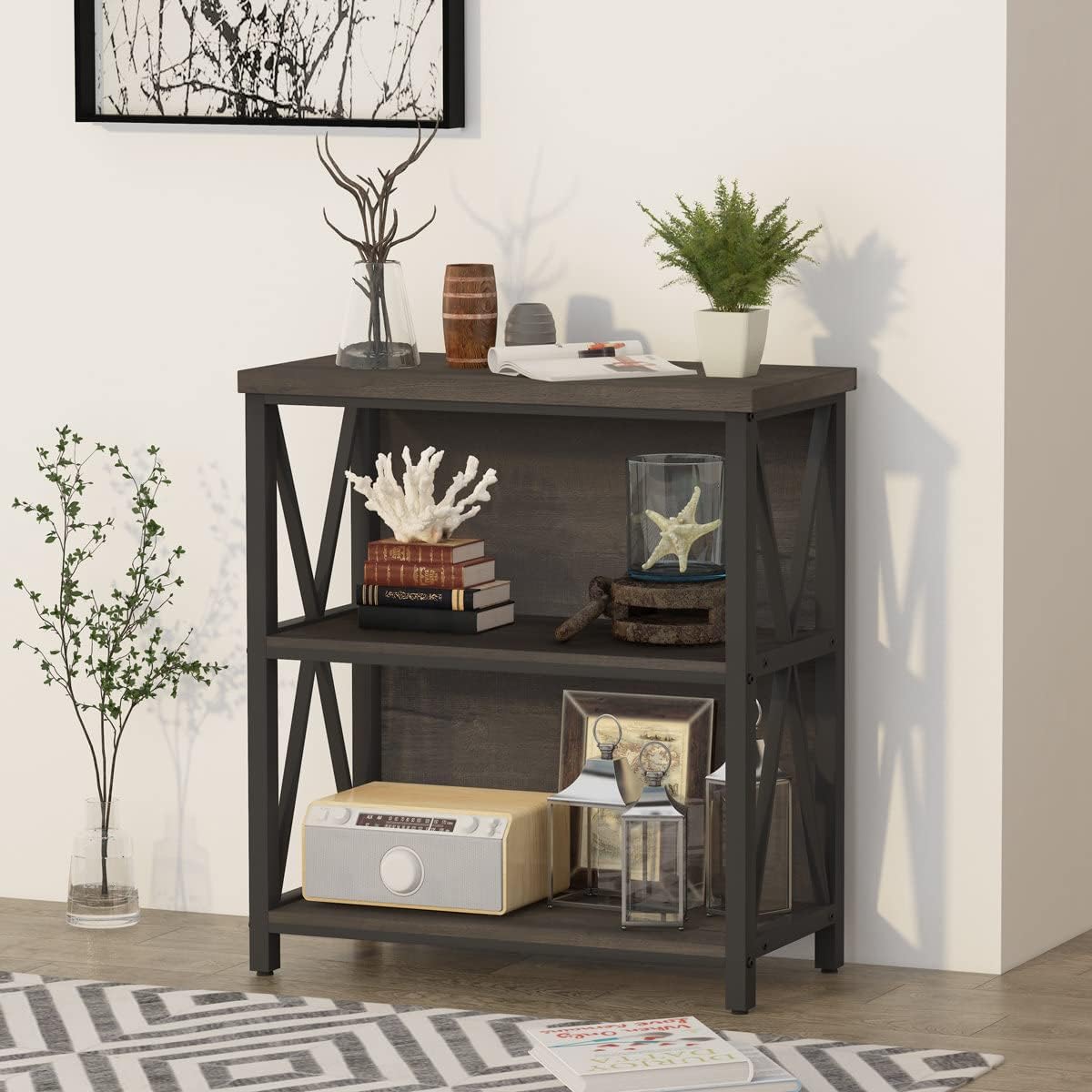 FATORRI Rustic Small 3 Shelf Bookshelf for Living Room, Industrial Low Wood Bookcase, Farmhouse Short Book Shelf for Small Space (Walnut Brown)
