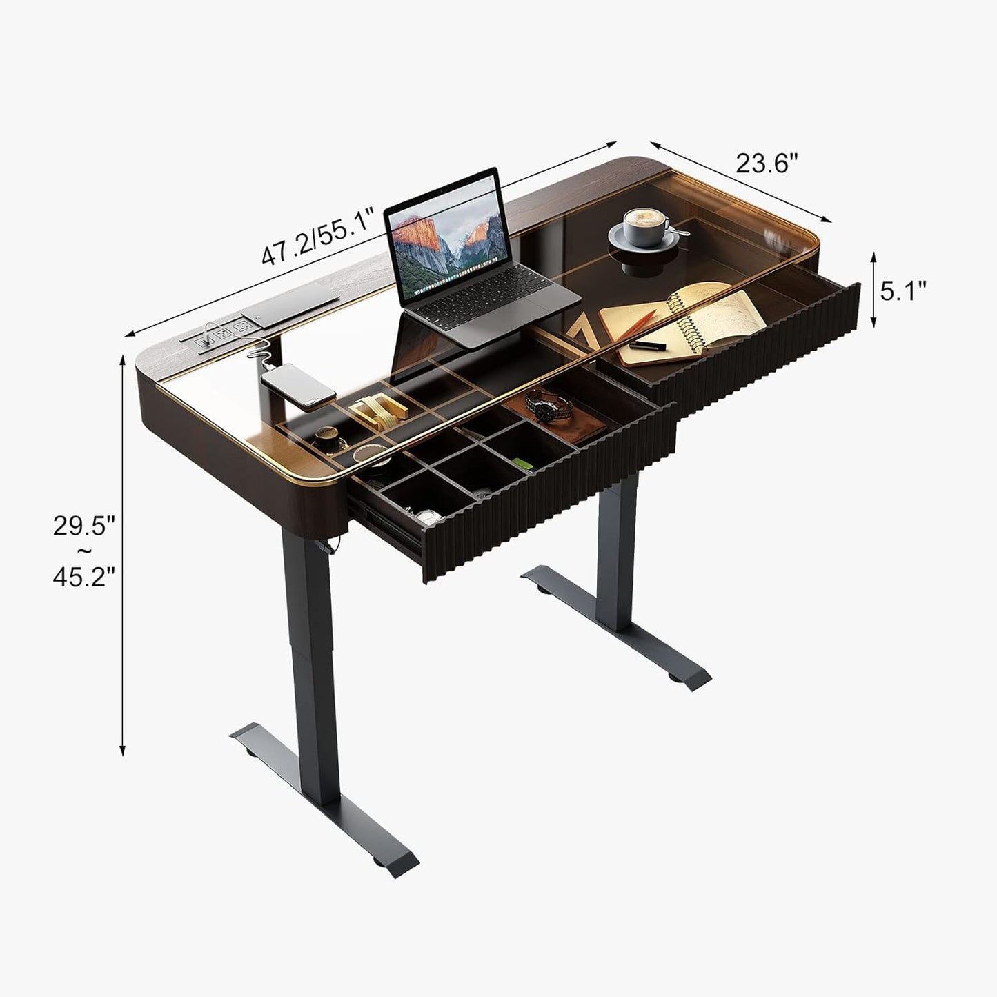 Lartis Office Desk, Electric Computer Lift Table Standing Desk with Drawer Charging USB Port, Home Office Laptop Table with Drawer