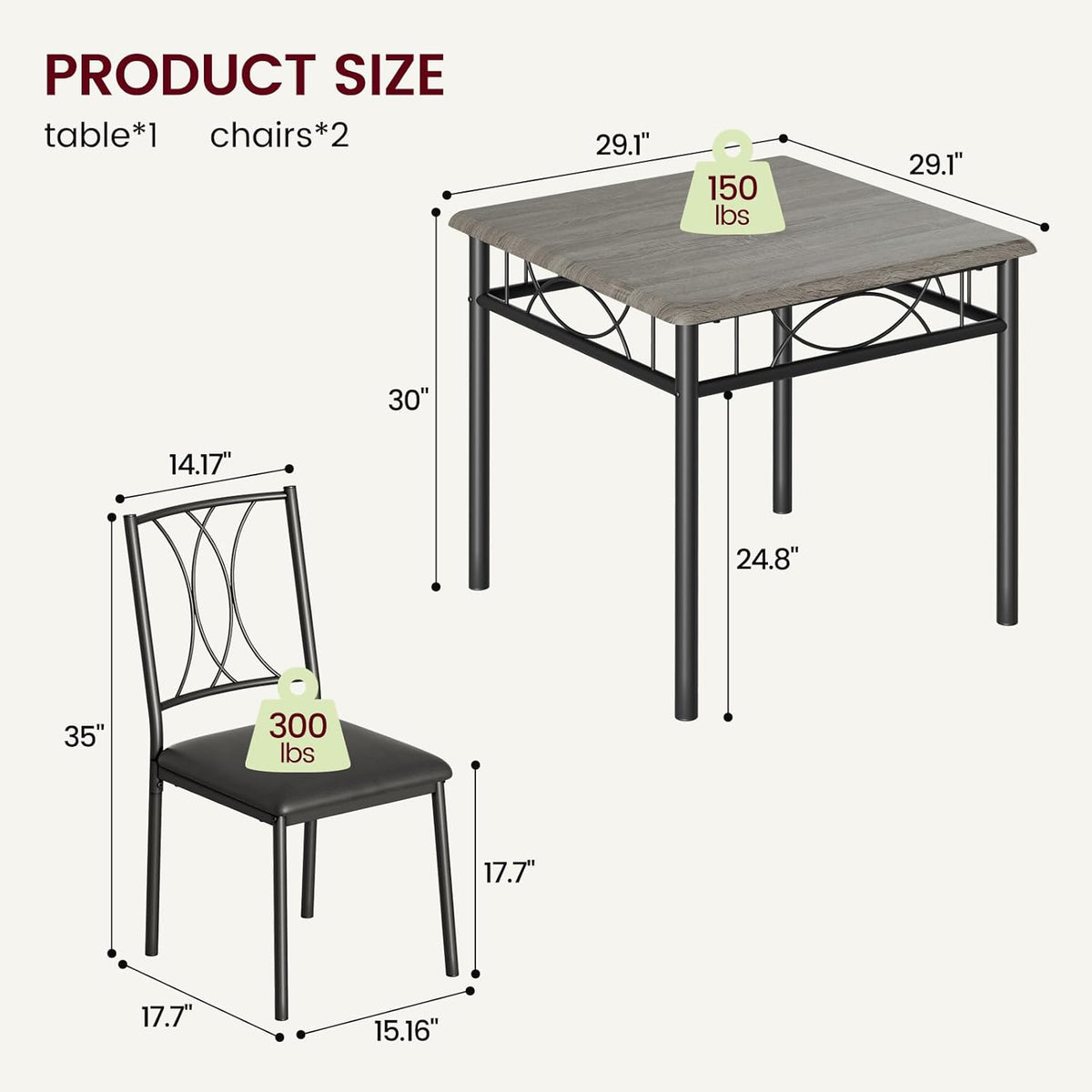 CABIHOME Dining Table Set for 2, 3 Piece Kitchen Table Set with 2 Upholstered Chairs, Square Kitchen Table Set for Small Space, Apartment, Dining Room, Retro Gray