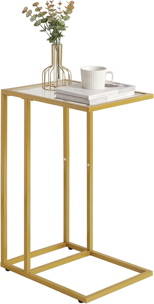 YMYNY C-Shaped End Table, Tempered Glass Sofa Side Table, nightstand for Small Place,Coffee Table for Hallway Office Bedroom Living Room, Metal Frame, Gold, 24.8 * 15.75 * 11.8" UHGD001G