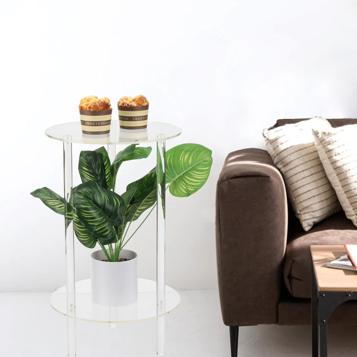 Acrylic Detachable End Table, Round Acrylic Coffee Table, 2 Tier Multifuntional Clear Nightstand End Table for Small Spaces, Detachable Beside Table for Living Room, Bedroom, Study Room, 12"