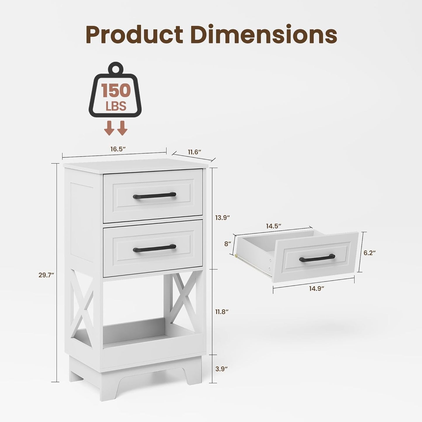 Tall Nightstand Set of 2 Side Table with 2 Drawers Modern Night Stand Wooden End Table Bedside Table with Below Open Shelf Solid Feet for Bedroom, Living Room, White