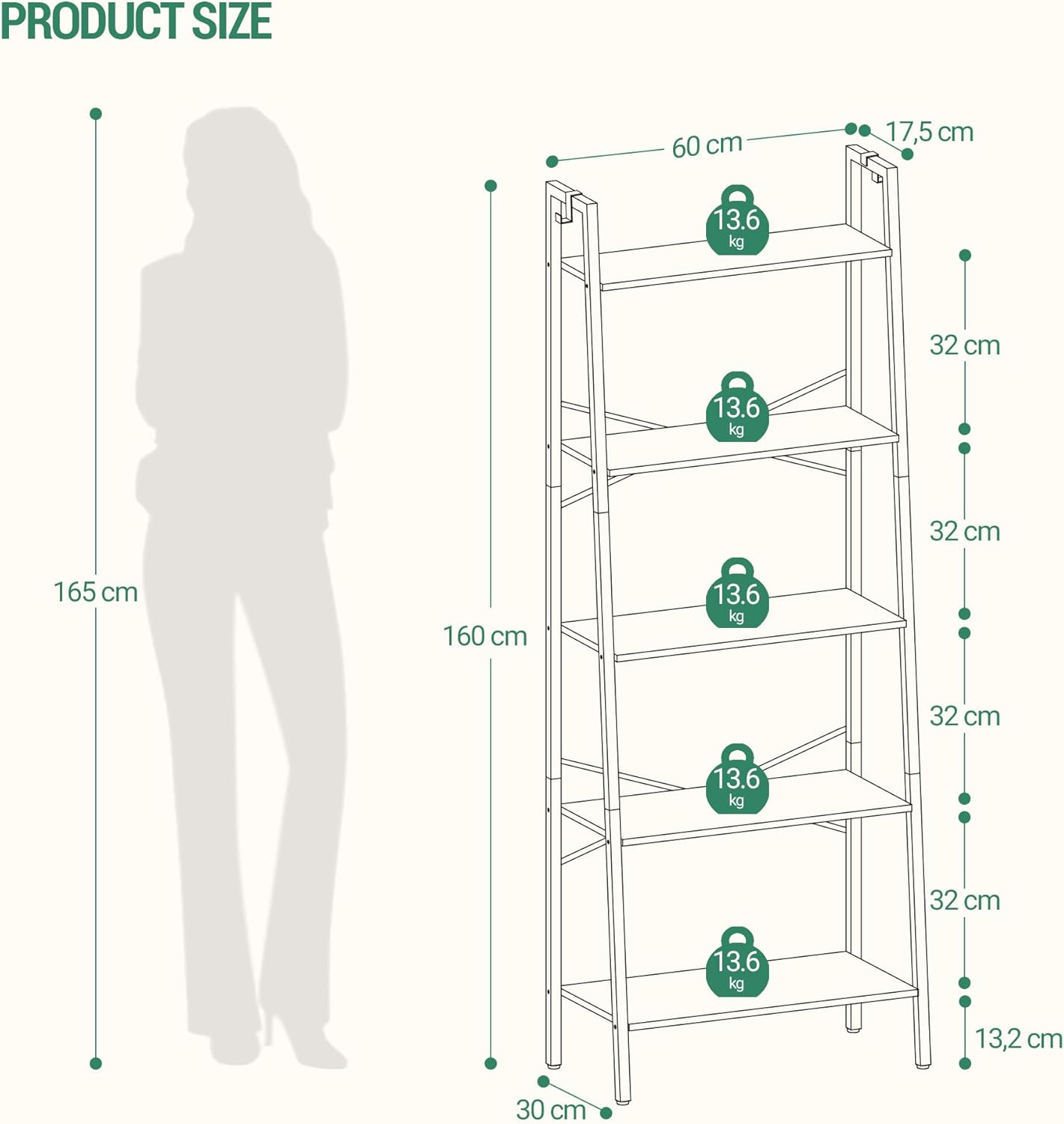 Ladder Shelf, Bookshelf Bookcase, Freestanding Corner Storage Shelve with 2 Hooks for Home Office, Living Room, Kitchen, Bedroom, Industrial, 5-Tier Black BC19304B