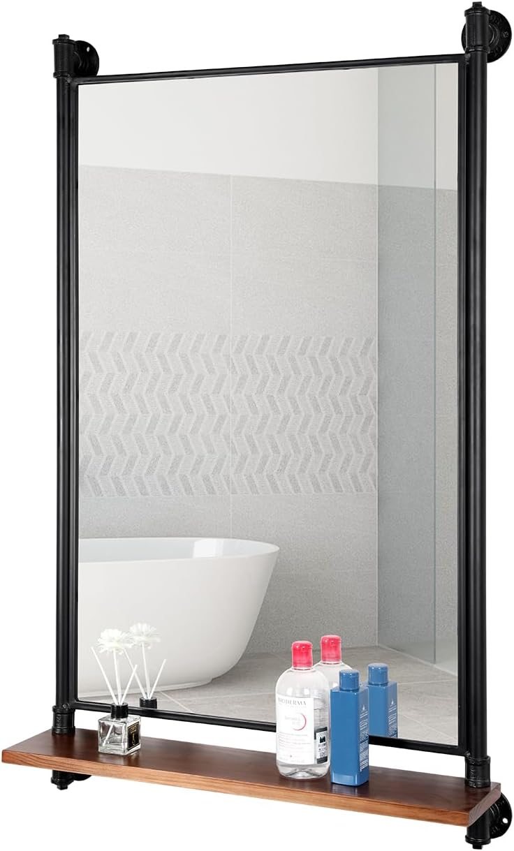 Industrial Pipe Mirror Wood Shelves,Bedroom Mirror with Shelf,Rectangle Iron Wall Mirrors for Living Room Bedroom(34.6 x 23.6 in)