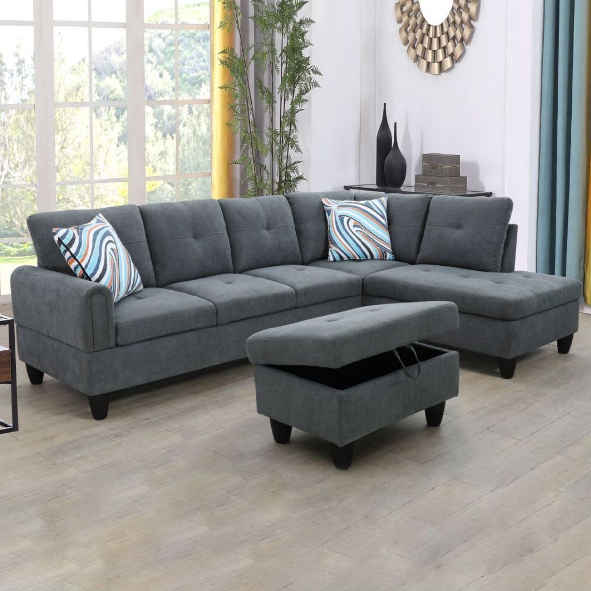 Dark Grey L-Shaped 3-Piece Flannel Sofa with Storage Ottoman Set, Sectional Couch Sofa Set for Living Room, Office, Small Space