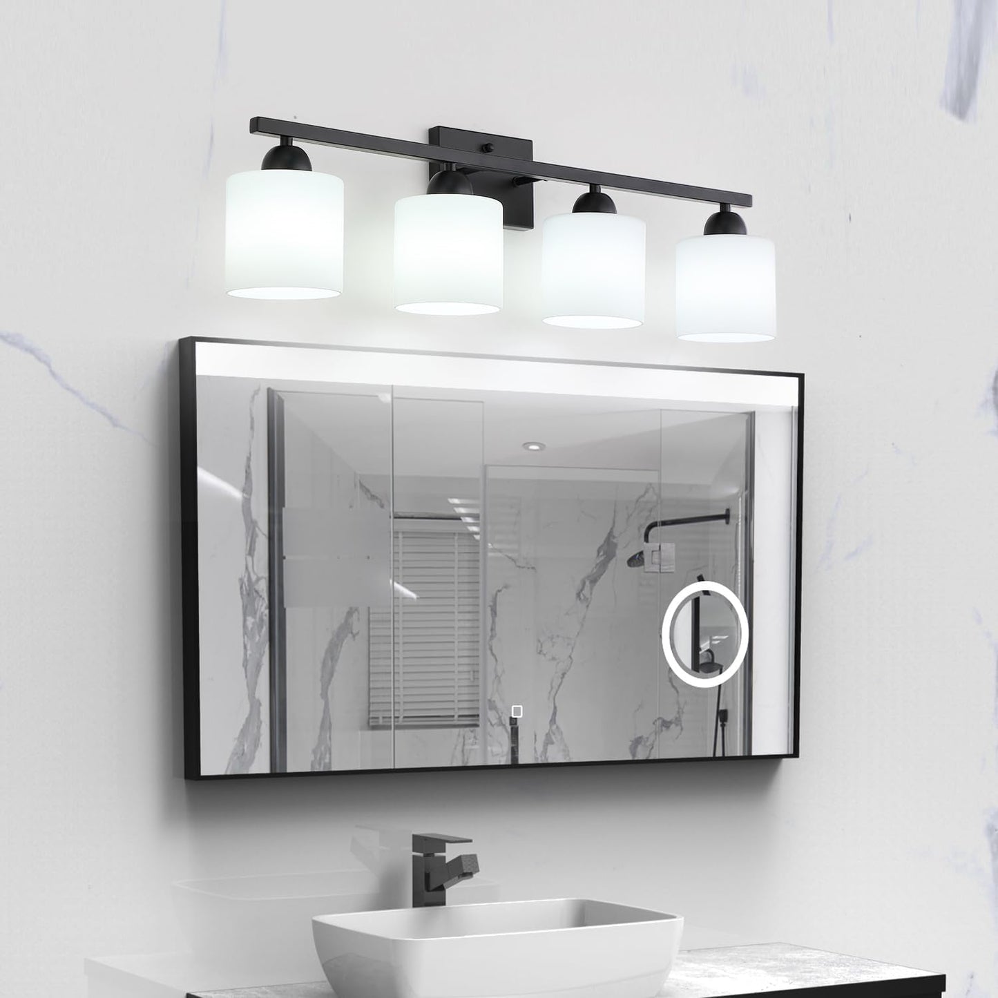 Milk Glass Vanity Lights for Bathroom, 4 Light Matte Black Bathroom Light Fixtures Over Mirror, Ceramic E26 Sockets Wall Mounted