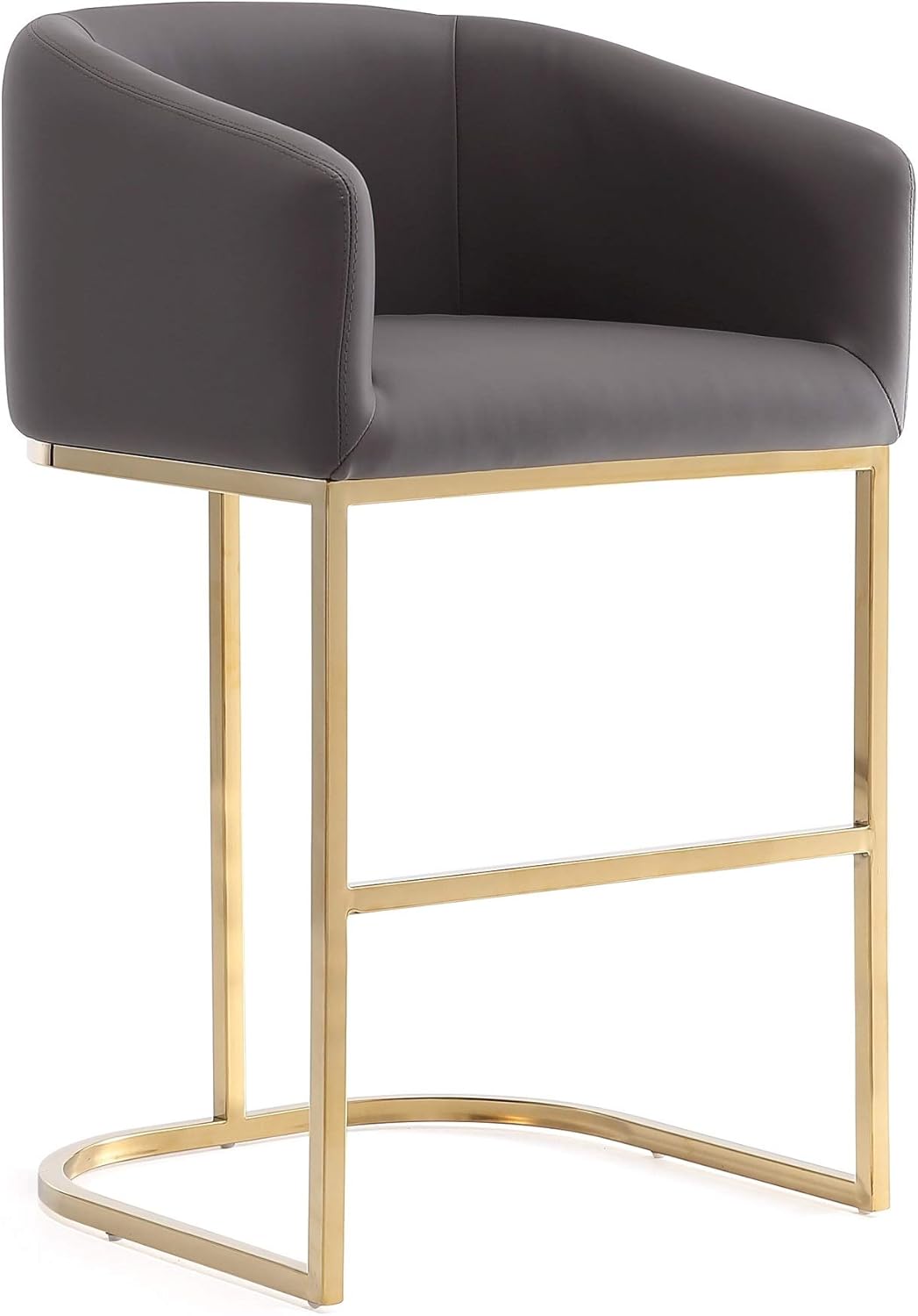 Manhattan Comfort Louvre 26 Inch Mid Century Modern Counter Height Bar Stools - Elegant Faux Leather Padded Seat, Stainless Steel Base with Footrest, Fully Assembled Barstools, Set of 2, Grey