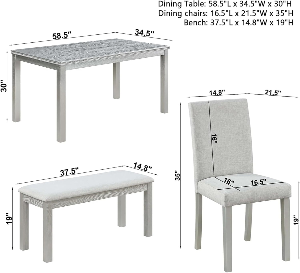 Dining Table Set for 5, 6 Piece Dining Room Table Set with Rectangular Crystal Decoration Table, 4 Upholstered Chairs and Bench, Counter Height Kitchen Sets with MDF Tabletop, Silver Gray