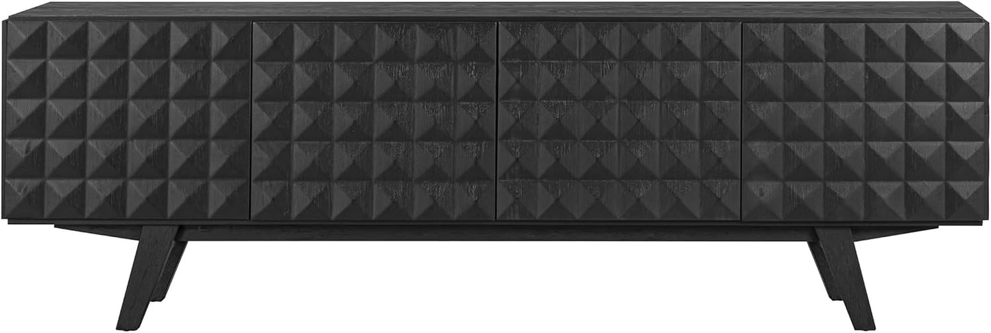 NTC Sapa Mid-Century Modern Solid Wood TV Stand 4-Door Media Console with Carved Geometric Fronts for TVs up to 75", Effortless Assembly, Burnt Black