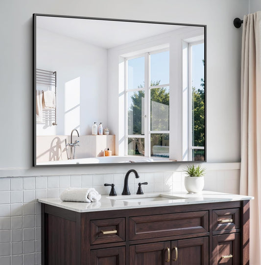 KOCUUY Black Bathroom Mirror, 40"x48" Large Rectangular Mirror with Metal Frame, Black Vanity Mirror with Modern Design for Bathroom, Living Room, Entryway, Hang Horizontal/Vertical
