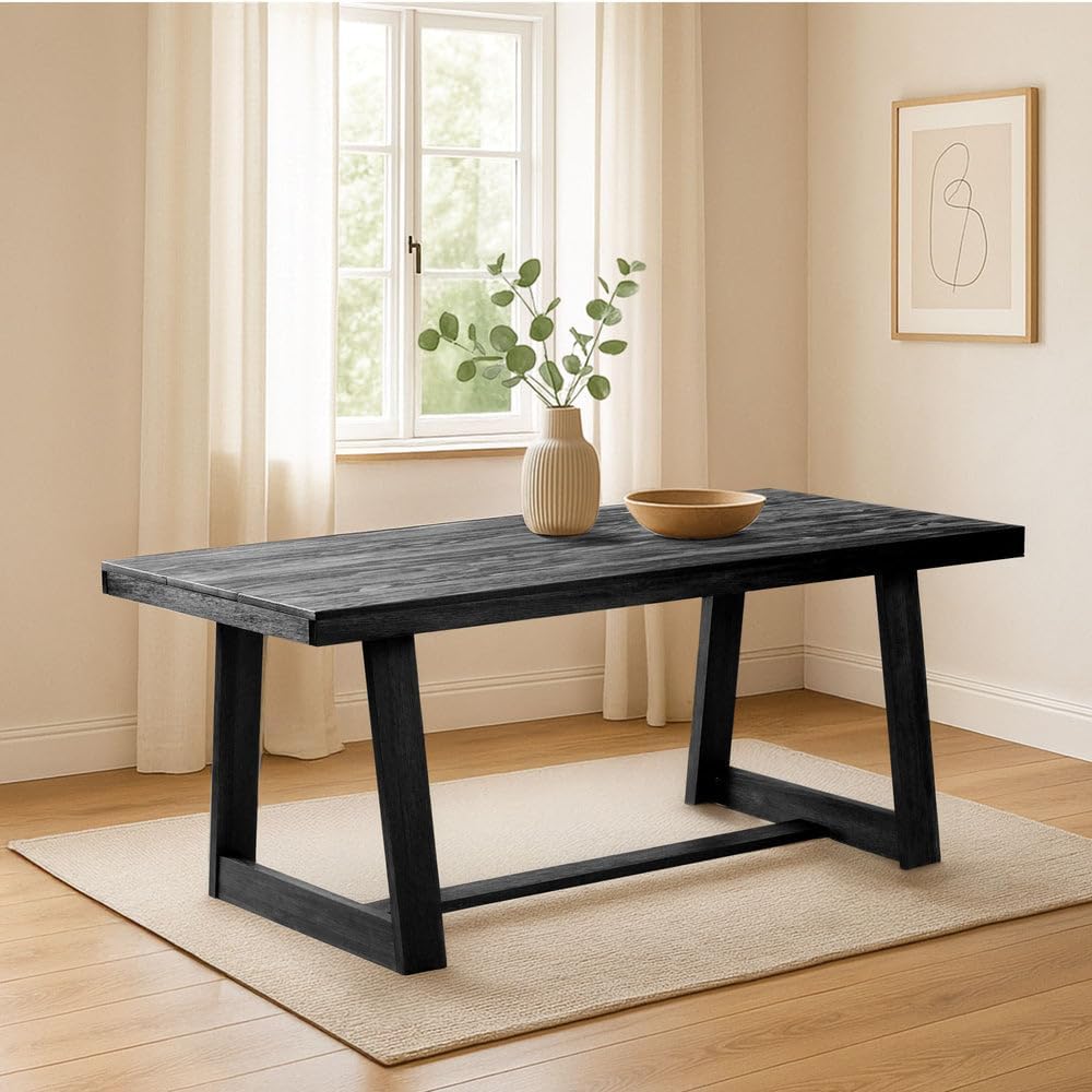 Plank+Beam 72 Inch Farmhouse Dining Table, Solid Wood Rustic Kitchen Table, Large Wooden Rectangular Dinner Table for Dining Room, Home Office, Living Room Furniture, Easy Assembly, Black Wirebrush