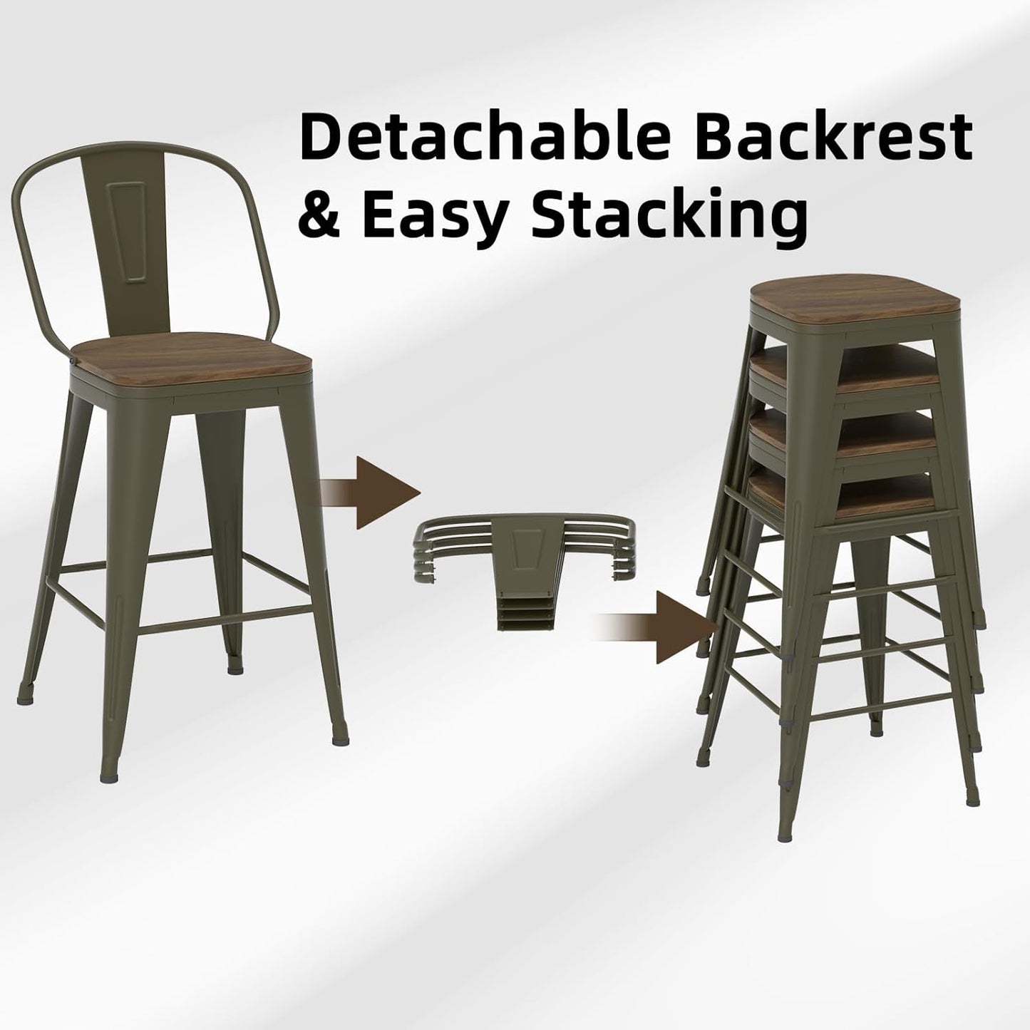 24” Swivel Bar Stools Set of 4, Counter Height Bar Stools Wooden Seat, Metal Industrial Bar Chairs with High Back for Kitchen Island (Rusty)