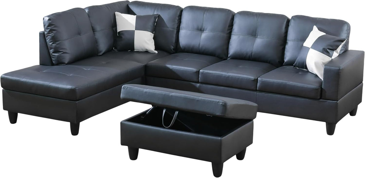 NicBex Sectional Couch 3 Pieces Sofa Set with Right Chaise Faux Leather L Shaped Cloud Couch for Living Room Furniture Sets with Storage Ottoman, Modular Sofa for Living Room & Apartment, Ink Black