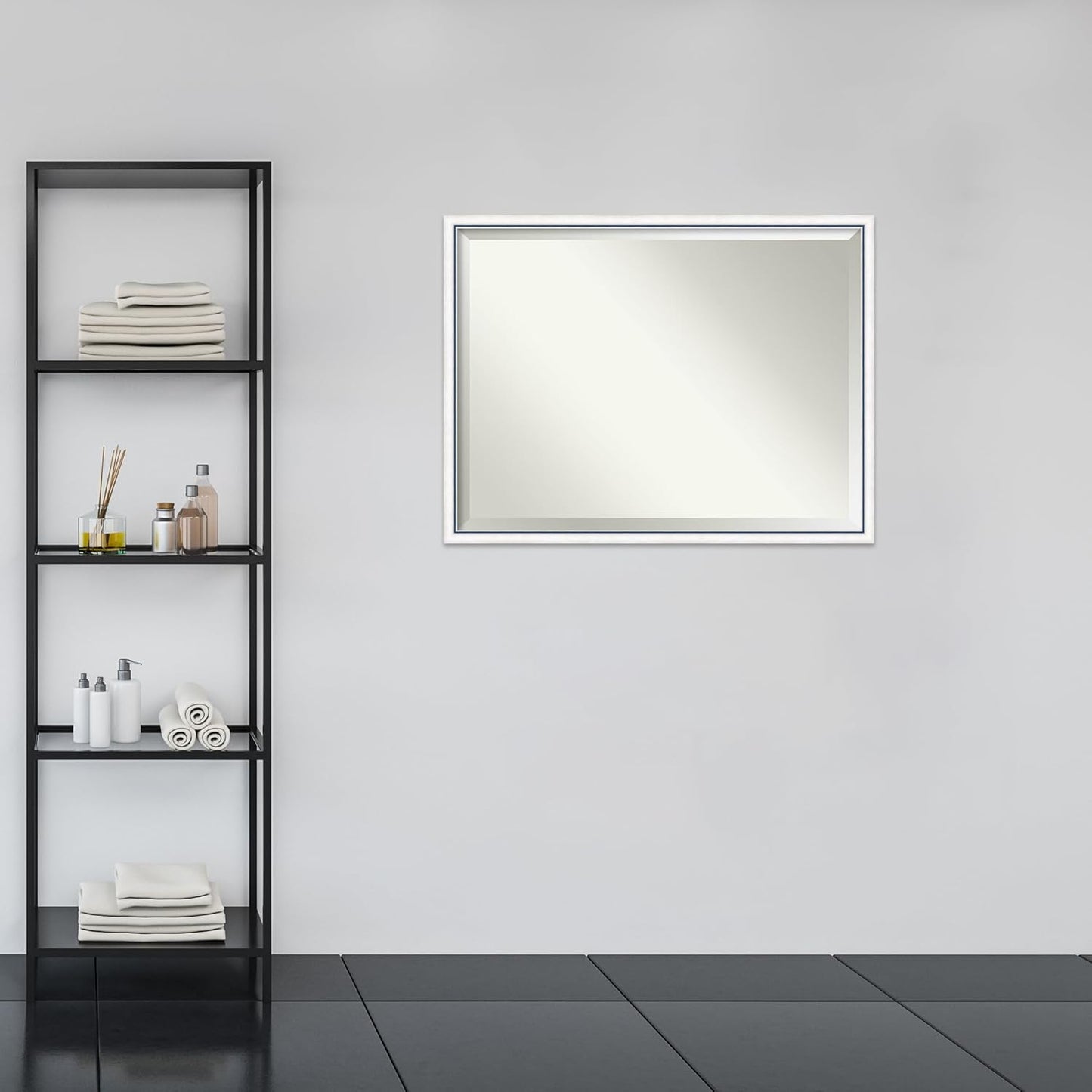 Amanti Art White Bathroom Mirror for Over Sink, 32x42 Morgan White Blue Rectangle Vanity Mirror, X-Large Modern Contemporary Wood Frame, Hangs Horizonally and Vertically, Bathroom Wall Decor, Beveled