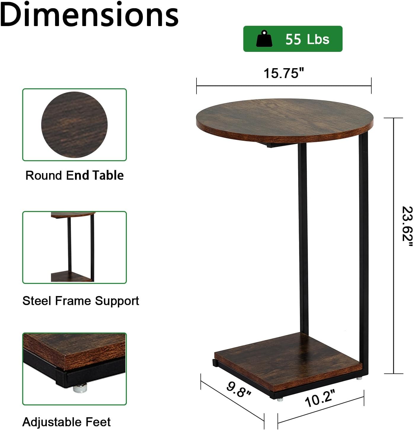 HDANI C Table End Table,Round Side Table That Slide Under,C Shaped End Table for Couch,Small Table for Living Room, Bedroom,Rustic Brown