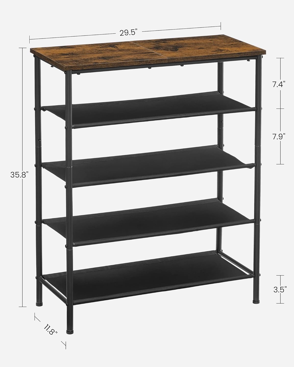 VASAGLE Shoe Rack, 5-Tier Shoe Storage Organizer for Entryway and Closet, Holds 12-16 Pairs of Shoes, 4 Fabric Shelves, Steel Frame, Industrial, Rustic Brown and Black ULBS036B01