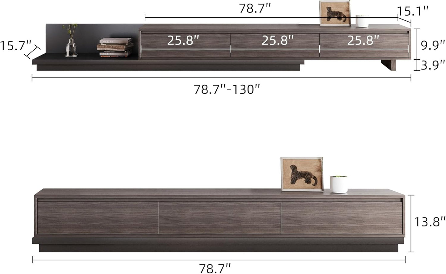 Mid-Century Modern Extendable TV Cabinet with 3 Drawers,Entertainment Center Adjustable from 78.7" to 130",TV Stand for Living Room,Black Walnut