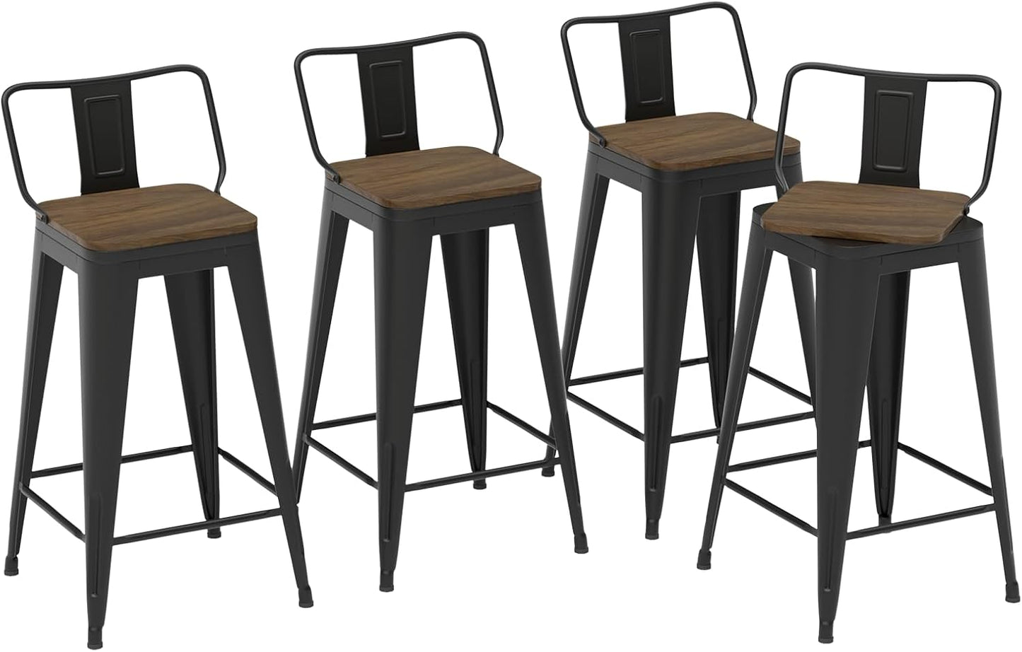 24 Inch Swivel Bar Stools Set of 4, Counter Height Bar Stools with Low Back, Metal Industrial Bar Chairs for Kitchen Island (Matte Black)