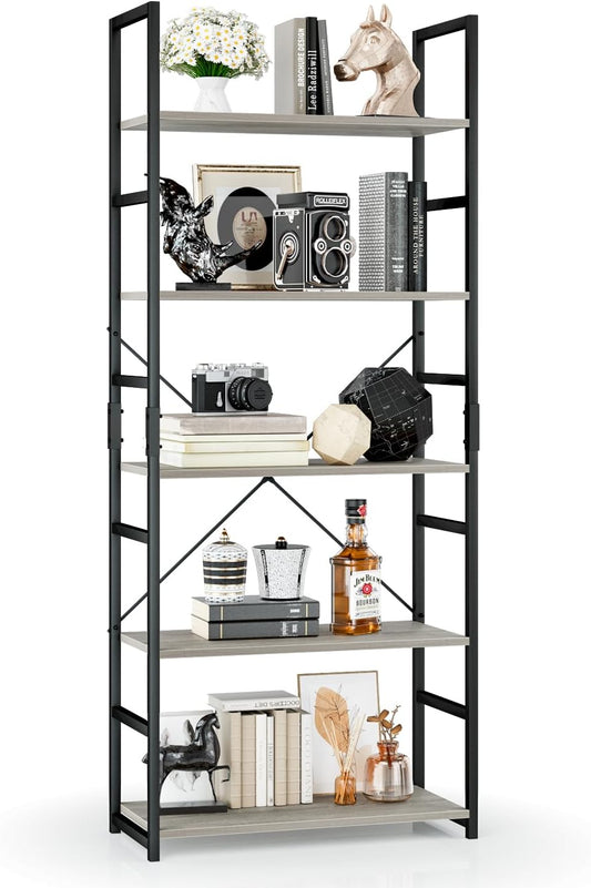 OTK 5 Tier Bookshelf, Tall Bookcase, Office Shelf Storage Organizer, Modern Book Shelf for Living Room, Bedroom, and Home Office, Grey