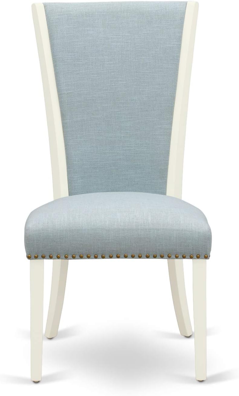 East West Furniture VEP2T15 Verona Parson Dining Chairs - Nailhead Trim Baby Blue Linen Fabric Padded Chairs, Set of 2, Linen White